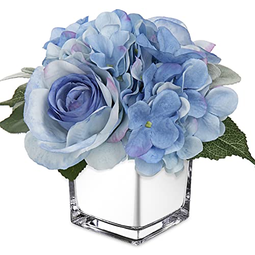GnFlus Artificial Flowers in Vase Fake Silk Hydrangea Rose Flower Arrangement Faux Potted Flowers for Indoor Home Bathroom Office Table Shelf Decor, Blue - color: Blue, size: 3-in-1