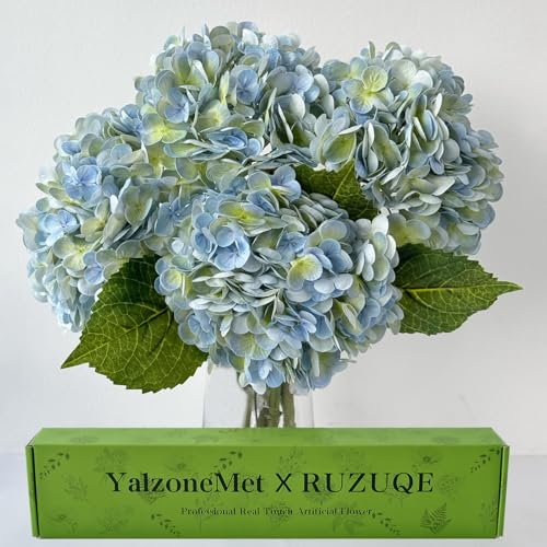 YalzoneMet 4Pcs Light Blue-Green Real Touch Hydrangea Artificial Flowers 21'' Faux Latex Hydrangea Flowers for Wedding Table Centerpieces Fake Flowers for Party Home Kitchen Living Room Decor - color: Light Blue-green