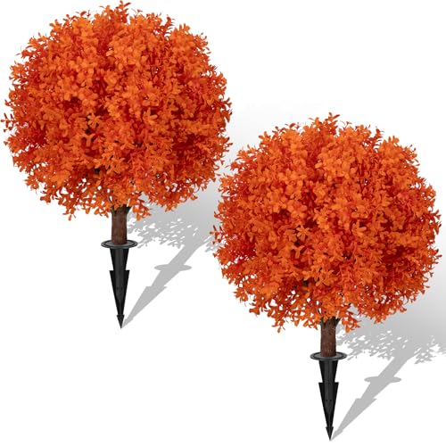 AOKIIE 24" Artificial Boxwood Topiary Bushes UV Resistant for Outdoor 2PCS | Artificial Shrubs with Ground Spike, Orange Faux Outdoor Plants for Indoor & Outdoor Garden, Yard, Porch, Patio - color: Orange