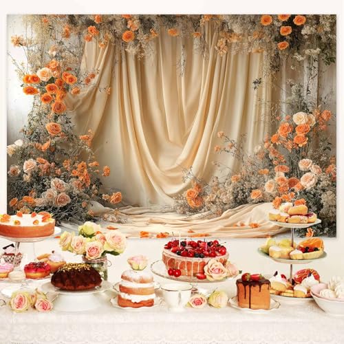 6X4ft Floral Photography Backdrop, Retro Flowers Backdrop Dreamlike Wedding Portrait Photo Background Romantic Wedding Birthday Bridal Shower Engagement Party Background Banner Decor, Orange-1 - color: Orange-1, size: 6x4ft