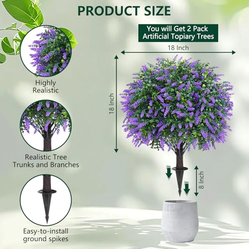 2 Pack 25" Artificial Lavender Topiary Ball Tree for Outdoors Faux Evergreen Shrubs Plants with Ground Spike UV Resistant Fake Bushes Ball Trees for Outdoor Indoor Home Porch Patio Decoration - color: Purple Lavender