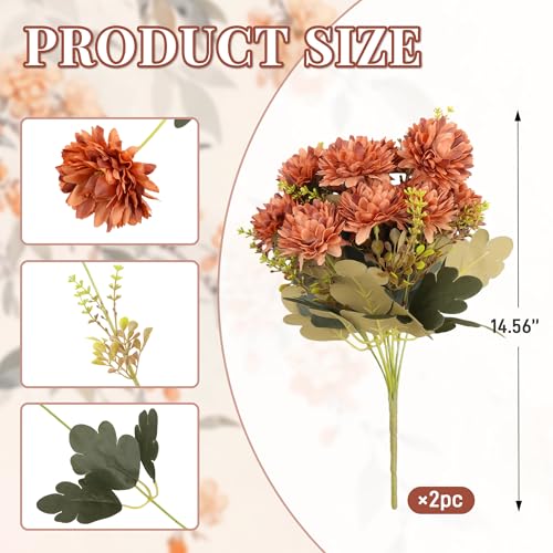 18 Heads Brown Artificial Chrysanthemum Flowers Fake Mums Brown Kiku Ball Flowers Bouquet Silk Chrysanthemums for Indoor Outdoor Table Centerpiece Vase Wedding Decoration, 2 Pcs - color: Brown Chrysanthemum