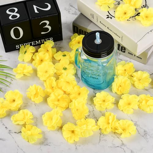Artificial Cherry Blossom Flower Heads, 100 Pcs Fake Silk Sakura Floral Heads for Bridal Hair Clips Headbands Dress DIY Accessories Wedding Party Supply Table Decorative, Yellow - color: Yellow