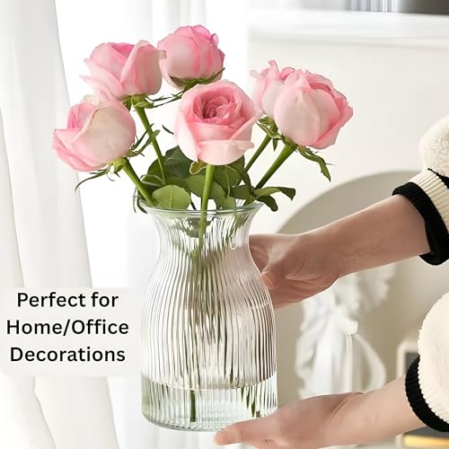 New 2026 Design Ribbed Glass Vase Wide - 8 Inch Tall Ribbed Vase for Wedding Reception, Home Decor, Housewarming Gift - Decorative Flower Vases - Bud Vase for Centerpieces & Cylinder Vases
