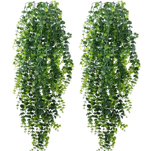 2-Pack Fake Hanging Plants, Faux Hanging Plant Artificial Greenery for Living Room Bedroom Boho Wall Shelf Indoor Outdoor Decor (Green Eucalyptus) - color: Green Eucalyptus