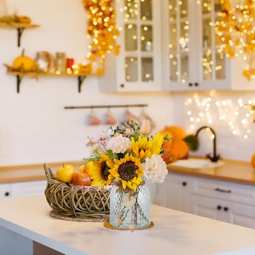 Leftover Fake Flowers in Vase, Artificial Sunflower Bouquets with Flower Arrangement Holder, Table Centerpieces for Dining Room, Faux Silk Sunflowers, Carnations and Tulips Arrangement - color: Pink