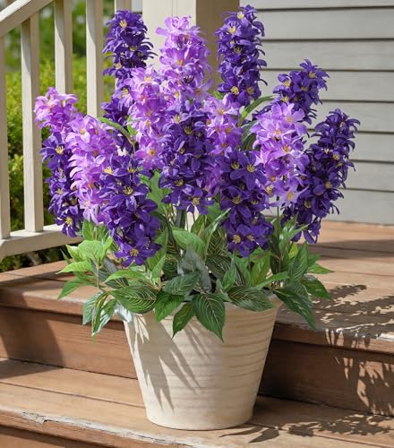 Artificial Flowers 3 Pcs Hyacinth Fake Flowers 19.69” Silk Flowers for Outside, Delphinium Outdoor Faux Flowers Fake Plants for Porch Patio Balcony Yard Indoor Home Decor - color: 2pcs Purple & 1pcs Light Purple