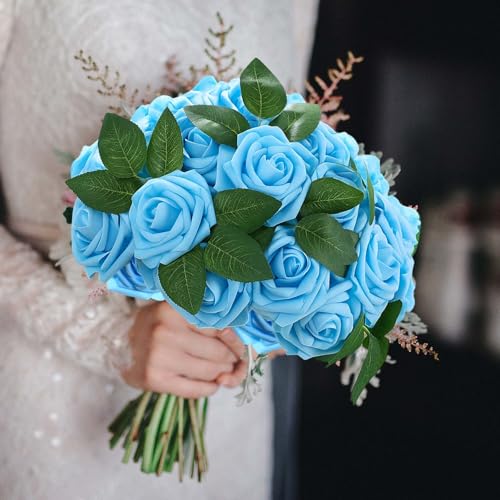 100 Pcs Artificial Foam Rose Flower Faux Bouquet Wedding Fake Rose Gift for Mother's Day Women DIY Bridal Shower Party Table Birthday Home Spring Decor (Light Blue) - color: Light Blue