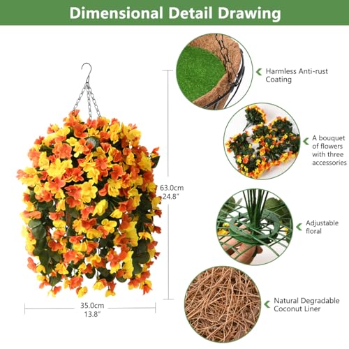 INQCMY Artificial Hanging Flowers Basket for Spring Summer Outdoor Decor,Faux Silk Begonia in Planter Look Real UV Resistant for Porch Home Patio Garden Yard Decoration - color: Orange Yellow