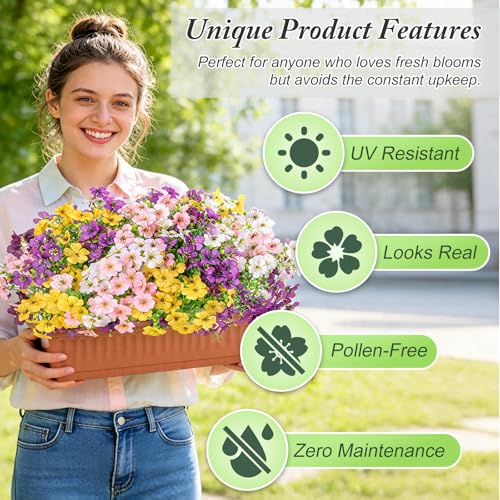 Artificial Flowers for Outdoors Decoration for UV Resistant Silk,16 Bundles | Artificial Violet Flowers for Spring Outdoor Decor, Realistic Fake Plants for Porch,Garden,Window Box,Vase Mix 6 Colors - color: Purple White Yellow Pink