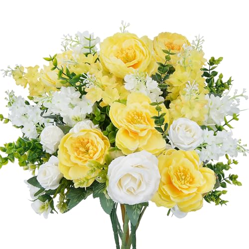 HUAESIN 6Pcs Peonies Artificial Flowers Silk Rose Bouquets Yellow White Faux Floral Arrangements for Indoor Vase Home Table Centerpieces Wedding Outdoor Cemetry Flowers - color: Yellow