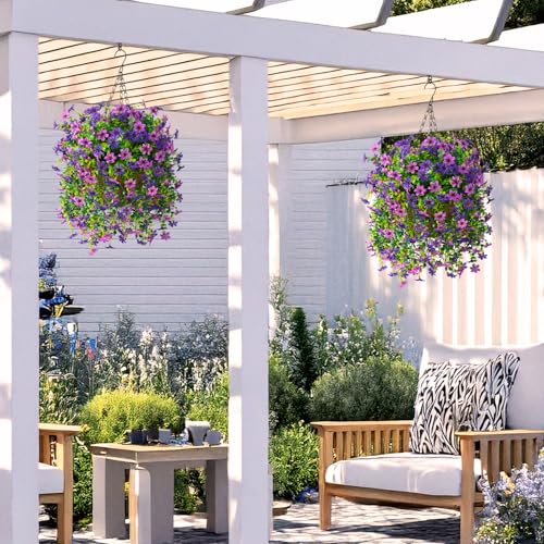 INQCMY Artificial Faux Hanging Flowers Plants Basket for Outdoor Outside Spring Summer Decoration,UV Resistant Fake Silk Daisy in Planter Resistant Look Real for Home Porch Balcony Patio Yard Decor - color: Double Purple