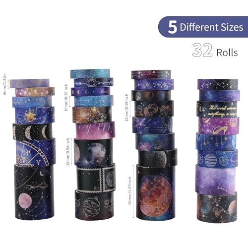 32 Rolls Washi Tape Set, Gold Foil Galaxy Decorative Masking Tape Constellation, Stars, Celestial, Adhesive Tape for Bullet Journal, Diy Craft, Scrapbooking Supplies, Gift Wrapping, Party Decoration - style: Cosmic Galaxy