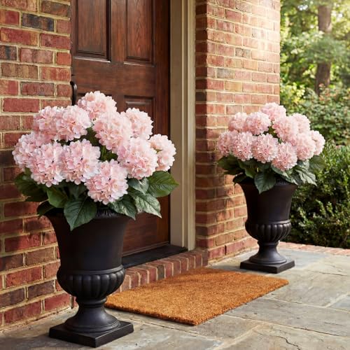 Hotop Hydrangea Artificial Flower Bush for Outdoor 19.6inch Large Silk Hydrangea 5 Heads Realistic UV Resistant Fake Flower for Porch Bouquet Window Box Wedding Indoor(2 Pcs,Pink) - color: Pink