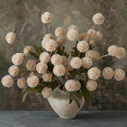 9pcs Beige Fake Flowers Silk Mini Mums with Stems, Faux Chrysanthemum Pompon Balls Artificial Flower Bulk for DIY Wedding Centerpieces, Vase Fillers, Table Floral Arrangements & Home Decor - color: Beige