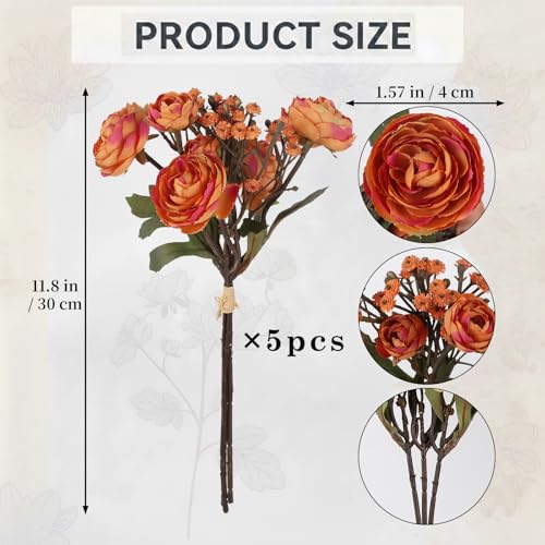 Orange Ranunculus Artificial Flowers 5 Bouquets Fake Silk Mini Ranunculus 15PCS Realistic Faux Peonies Spring Flowers for DIY Wedding Bride Shower Centerpiece Home Vase Filler Decoration (Orange) - color: Orange