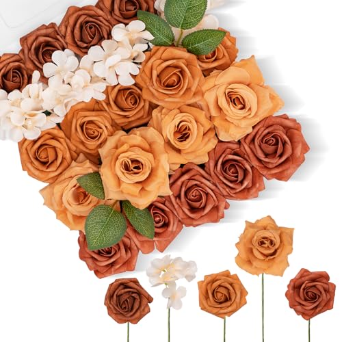 TINGE TIME Artificial Flowers Combo Set, Gradient Color Flower Leaf with Stems for DIY Wedding Bouquets Centerpieces Baby Shower Party Home Decorations(Orange and White) - color: Burnt Orange
