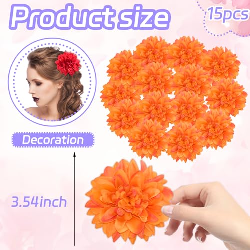 Orange Dahlias Artificial Flowers Bulk, 3.5 Inch Big Fake Dahlias Flowers Heads, 15 Pcs Artificial Silk Faux Flowers Heads for Floral Arrangements, Clothing Accessories, DIY Craft - color: Orange