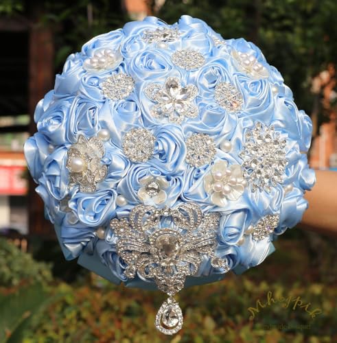 Bridal Wedding Bouquet Round Bling Brooch Bouquet Artificial Rose Flower Bunch for Bride Bridesmaid Wedding Quinceanera(Light Blue, 7.5") - color: Light Blue*, size: Small (Dia. 7.5"/19cm)