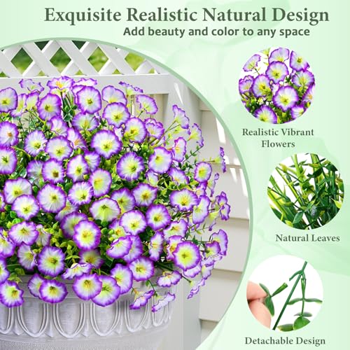 Yastouay Artificial Flowers for Outdoors, 14 Bundles Fake Outdoor Flowers, UV Resistant Artificial Plants & Flowers for Decoration, Purple/White Realistic Morning Glory for Outdoor Porch Garden - color: Purple/White, size: 14 Bundles