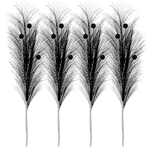Christmas Tree Picks Decorations Set of 4 Sequins Ball Sprays 17" Artificial Furry Reed Grass Stems Fluffy Pampas Branches Feather Tails for Vase Fillers Flower Arrangements Tree Topper (Black) - color: Black