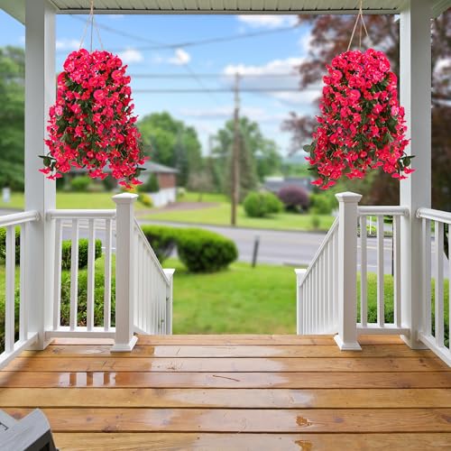 Sggvecsy Artificial Fake Hanging Flowers Plants for Outdoor Outside Spring Summer Decoration 4PCS Faux Silk UV Resistant Realistic Morning Glory Trailing Vines for Home Porch Patio Balcony(Rose red) - color: Rose Red, size: 4Pcs