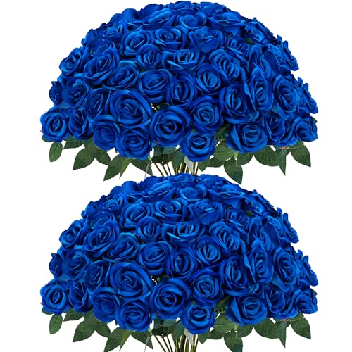 Sggvecsy 50 Pcs Artificial Roses Fake Flowers Velvet Silk Roses with Stems Bulk Realistic Faux Flowers for Bridal Bouquets Wedding Centerpieces Valentines Day DIY Home Party Decor (Blue) - color: Blue