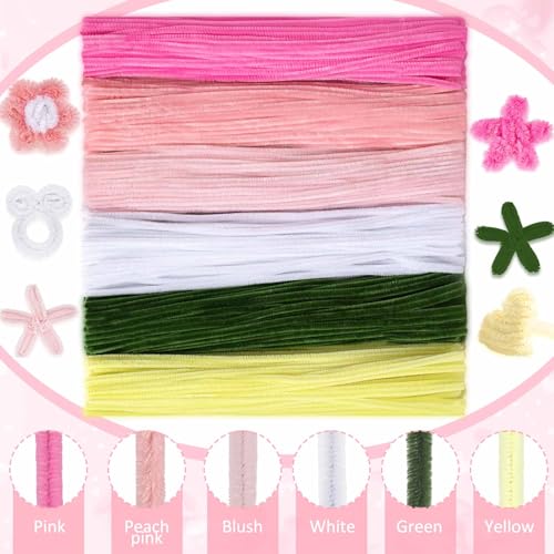 Peryiter 371 Pcs Pipe Cleaners Flowers Kit, Pipe Cleaners Chenille Stems Bulk with Floral Wire Gardening Tape Stamen, Fluffy Limpiapipas para Flores for DIY Mother's Day Decor(Pink, Green, Yellow) - color: Pink, Green, Yellow