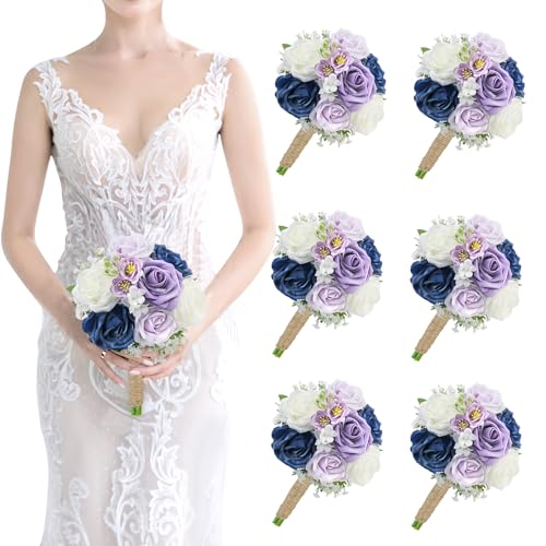 Wedding Bridesmaid Bouquets Set of 6-7 Inch Artificial Bridesmaid Bouquet Rustic Silk Flowers Pre-Made Small Floral Centerpieces for Marriage Proposal Party Anniversary - Navy Blue & Lilac - color: Navy Blue and Lilac, size: Set of 6 Bridesmaid Bouquets
