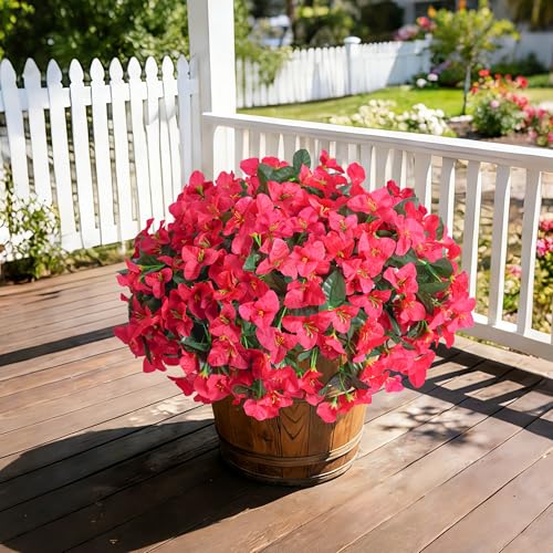Faux Bougainvillea Artificial Flowers for Outdoors Summer Outside Decor, 4 Bundles Red Fake Bougainvillea Silk Outdoor Flowers Plants UV Resistant Look Real for Porch Patio Window Planter Garden Home - color: Red