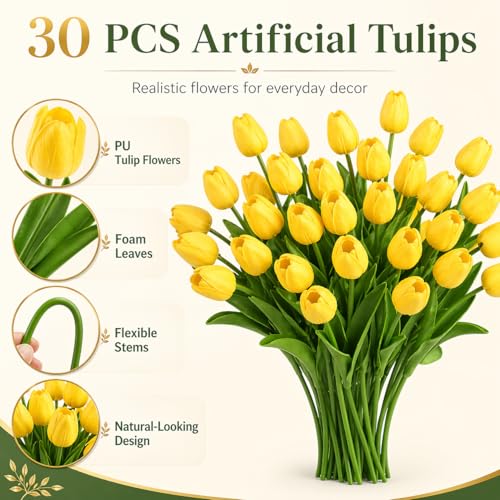 MACTING Yellow Artificial Tulip Flowers - 13.7" 30PCS Real Touch Fake PU Tulips Bouquet Faux Flowers for Floral Arrangements Table Centerpieces Kitchen Indoor Home Mothers Day Decorations - color: Yellow