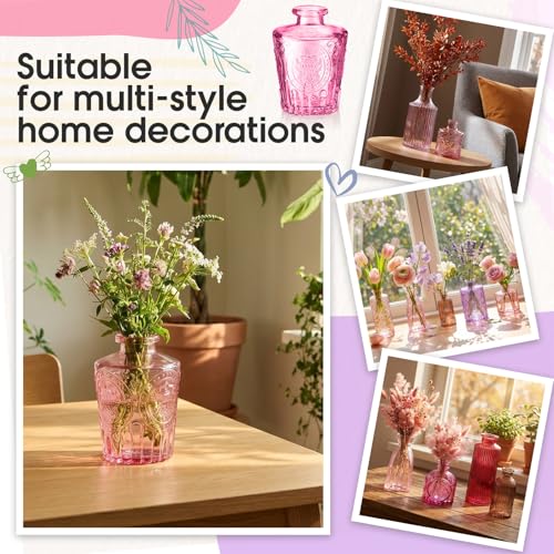 Yaomiao 30 Pcs Vases Bulk Colored Flower Glass Vases Bud Vintage Colored Glass Bottles Colorful Rustic Embossed for Home Wedding Table Decorations Gifts (Pink Purple Red Series) - color: Pink Purple Red Series