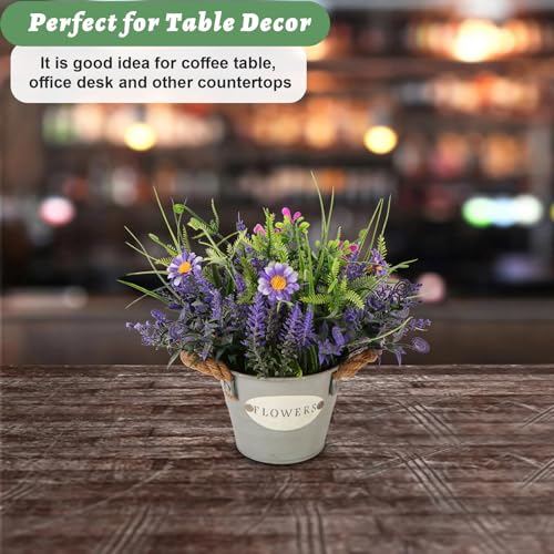 Artificial Lavender Plant 10" Purple Flowers with Violet Daisy in Galvanized Pot - Farmhouse Decor for Home Living Room Bedroom Bathroom Coffee Table - color: Lavender Flower With Purple Daisy