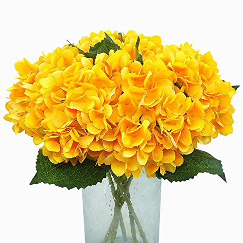 6Pcs Artificial Fake Flowers Plants Silk Hydrangea 1 Flower Head Arrangements Wedding Bouquets Decorations Plastic Floral Table Centerpieces Home Kitchen Garden (Yellow) - color: Yellow