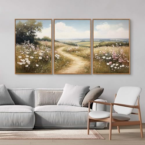 Rantodecor Rustic French Country Framed Canvas Wall Art, Vintage Flower Field Wall Decor, Calming Nature Landscape Art Paintings, Modern Wildflower Artwork for Farmhouse Bedroom Living Room 16"x24"x3 - color: Rustic French Country, size: 24"x16"