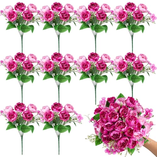 Olgaa 12 Bundles Peonies Artificial Flowers Fake Peony Bouquet Faux Peonies Flowers Bulk with Stems Flower Balls for Centerpiece Table Decorations Wedding Bridal Floral Arrangement (Rose Red) - color: Rose Red