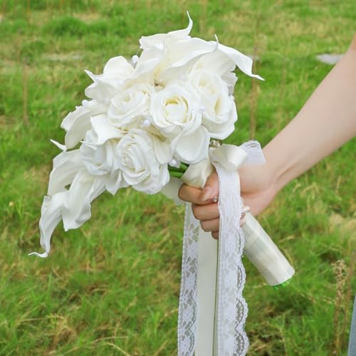 9.1 Inch Cascading Bridal Bouquet Waterfall Calla Lily Cascade Bridal Wedding Bouquet for Bride with Artificial Cally Lily and Rose Flower Rustic Ivory - color: Ivory Calla Lily & Rose