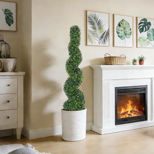 Artificial Spiral Topiary Trees Set of 2, 4ft Faux Boxwood Topiary, UV Resistant & Fade Resistant, Year-Round Greenery for Indoor Outdoor Home, Porch, Patio, Garden Decor