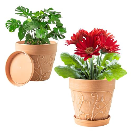 Melphoe Plant Pots Indoor with Drainage & Saucer, 2Pack 7/8 inch Flower Pots Outdoor Planters for Indoor Plants Garden Home Decor Cactus Succulent, Rigid Plastic (Imitation-Terracotta) Vine-Embossed - color: Terracotta Color, size: 7''+8"