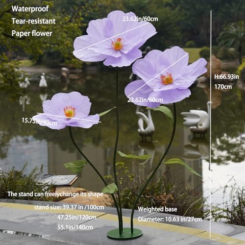 Large Paper Artificial Flowers,Giant Flowers for Decoration,Huge Handcrafted Poppy Fake Flowers with Stand for Home Decor Bridal Shower Party Outdoors Yard Event Backdrop Decor (Purple) - color: Purple
