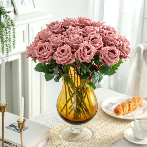 Ttranewsoo Fake Roses Faux Flowers Silk Roses 16.5In Artificial Roses with Stems Realistic Artificial Flowers Suitable for Indoor Home Decor DIY Bouquet Wedding Decor Party Decor 24PCS (Pink Purple) - color: Pink Purple 24pcs