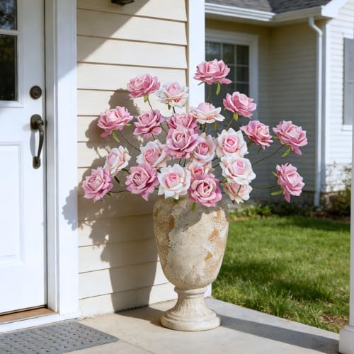 INXUGAO 10 Pcs Artificial Flowers Fake Roses for Outdoor, 28" Long Stem Silk Roses for Wedding Indoor Outside Party Decor, Realistic Faux Bouquet for Tall Vase Planter(Pink) - color: Rose-pink 10 Pcs