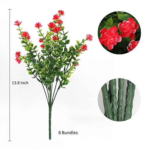 Outdoor Artificial Plant UV Resistant Fake Stems Plants, Faux Plastic Greenery for Indoor Outside Hanging Plants Garden Porch Window Box Home Wedding Farmhouse Outdoor Decorations for Patio (Red) - color: Red, size: 8 Pcs