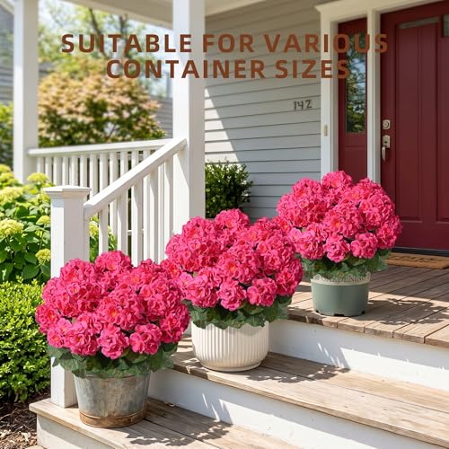 Geraniums Artificial Flowers for Outdoors, 2 Pack Potted Plants Fake Geranium Bush Realistic Fake Flowers UV Resistant Faux Flowers for Outdoor Planters Outside Gardens Front Door Yard Indoor, HotPink - color: Hotpink