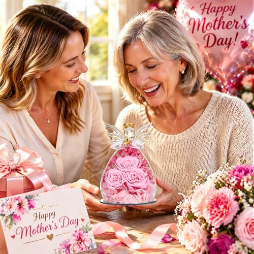 Beferr Gifts for Mom Birthday Gifts for Women, Fresh Flowers for Delivery Forever Preserved Rose in Glass Angel Figurine, Anniversary Christian Real Rose for Grandma Wife Mother from Daughter Son - color: B Light Pink