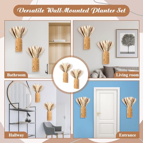 2 Pack Wooden Wall Vase with 40 Pcs Dried Pampas Grass Decor, Boho Pampas Grass Fall Farmhouse Hanging Planter for Hallway, Bedroom, Living Room, Dining Room, Office - style: Farmhouse Style