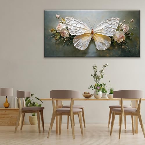Modern Abstract Wall Art White Simple Butterfly And Rose Wall Art Decor Canvas Art Wall Decor For Bedroom Living Room Kitchen Bathroom Office 24x48 Inch Home Wall Decor - color: White, size: 48"L x 24"W