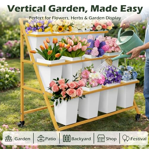 PROLEE Flower Display Stand with 12 Buckets, Flower Cart 3 Layers, Flower Stand Metal with Wheels, Moving Florist Bouquet Shelf, Triangular Rack, Gold - color: Gold