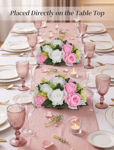 BLOSMON Flower Balls Wedding Centerpieces: 10 Pcs Pink White Fake Roses | 9.5 Inch Artificial Kissing Floral Balls Arrangements - Faux Flower Bouquet with Base for Home Party DIY Decorations - color: Pink & White