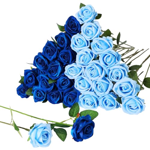 40 PCS Artificial Flowers Fake Roses with Long Stem Realistic Artificial Flowers Bulk for Wedding Party Home Bathroom Kitchen Decor (Sky Blue+Blue) - color: Sky Blue+blue